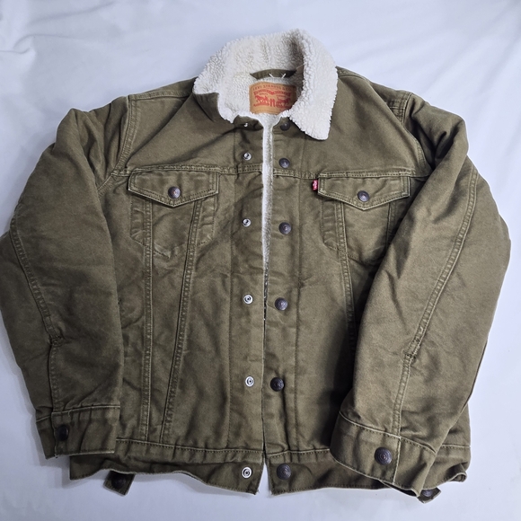Levi's Sherpa Line Trucker Jacket Olive Green Size Small
